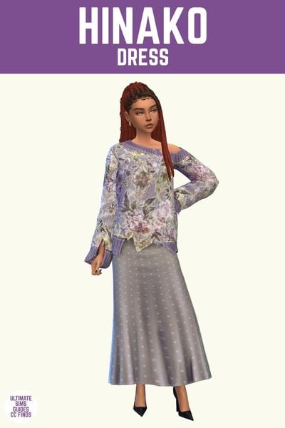 This image has a purple bar at the top with white text that says "Hinako Dress" and below is a sim wearing a floral sweater with rips and a polka dot maxi skirt 