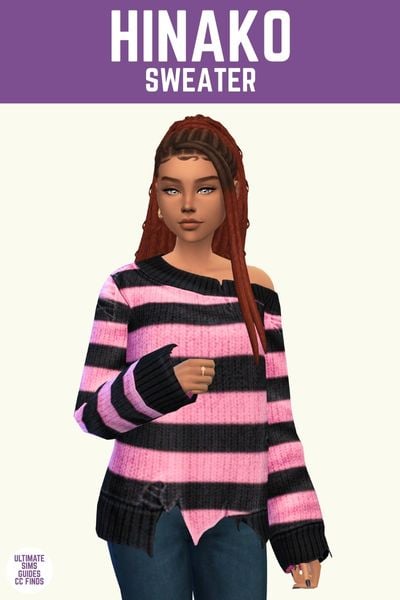 This image has a purple bar at the top with white text that says "Hinako Sweater" and below is a sim wearing a pink and black striped sweater with rips on it 