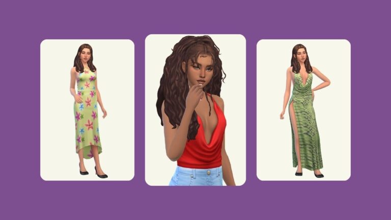 This image has a purple background and three rounded-edge rectangles. Inside of those rectangles are images of sims with fun hairstyles in different dresses.