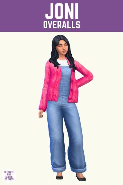 This image has a purple bar at the top with white text that says "Joni Overalls" and below is a sim wearing a light blue set of overalls with a white t-shirt and bright pink cardigan. 