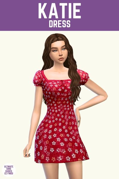 This image has a purple bar at the top with white text that says "Katie Dress" and below is a sim wearing a square neck red floral dress 