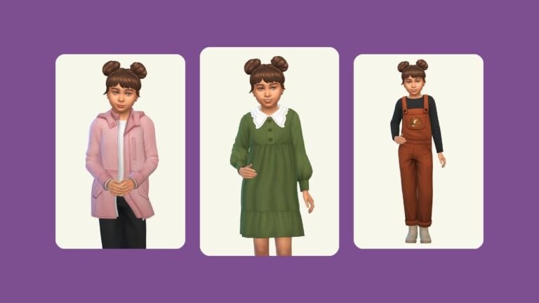 This image has a purple background with three rounded-edge rectangles. Inside of those are images of a child sim with space buns posing in different fall themed clothes.