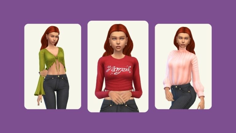 This image has a purple background with three images of a sim with red hair in different tops
