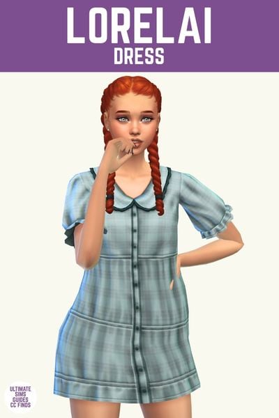This image has a purple bar at the top with white text that says "Lorelai Dress" and below is a sim with red hair wearing a puff sleeve mini dress with a peter pan collar and buttons down the front 