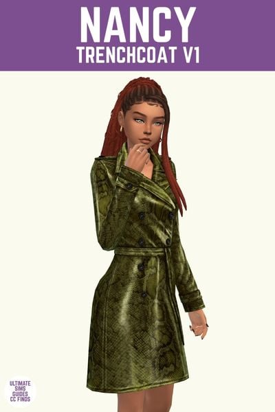 This image has a purple bar at the top with white text that says "Nancy Trenchcoat V1" and below is a sim with dreadlocks wearing a green snake skin shiny trenchcoat 