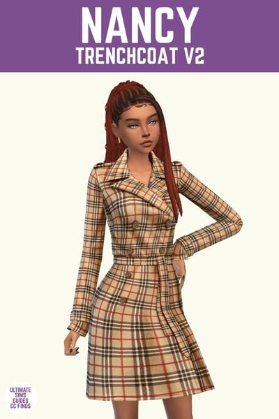 This image has a purple bar at the top with white text that says "Nancy Trenchcoat V2" and below is a sim wearing a burberry style coat 