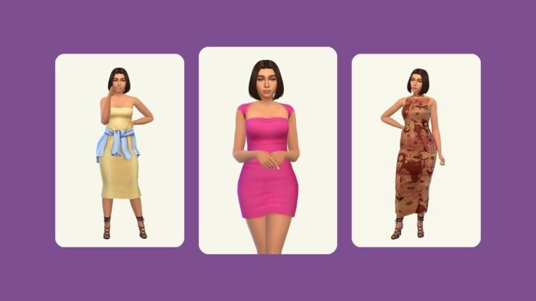 This image has a purple background with three rounded-edge rectangle images. Inside of these images there is a sim with a brown bob wearing different dresses