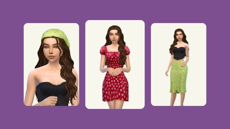 This image has a purple background with three rounded-edge rectangles. Inside of those rectangles is a sim with long wavy brown hair wearing different outfits with floral patterns