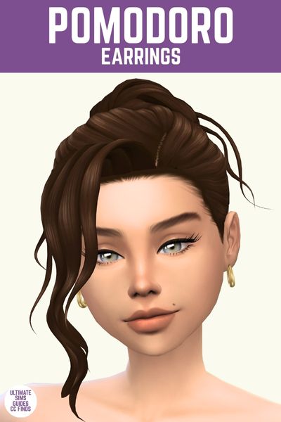 This image has a purple bar at the top with white text that says "Pomodoro Earrings" and below is a sim with brown hair in an up-do wearing gold earrings 