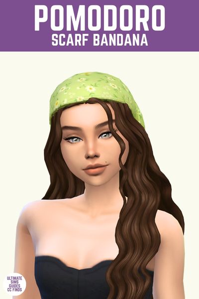 This image has a purple bar at the top with white text that says "Pomodoro Scarf Bandana" and below is a sim with brown hair wearing a green floral bandana 