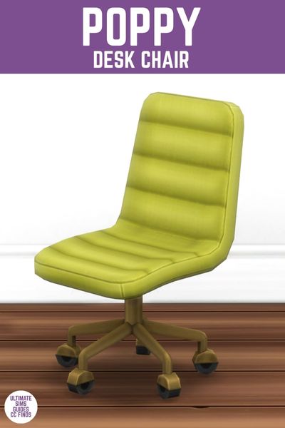 This is a product image for office furniture from the Poppy Office by Myshunosun. This image has a purple bar at the top with white text that says "poppy desk chair" and below is a rolling desk chair with six wheels and a green chair 