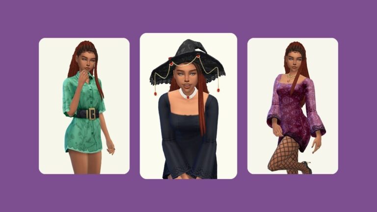 This image has a purple background with three rounded-edge rectangles. Inside of those rectangles is a sim with brown to red ombre dreads and they are wearing different pirate or witch themed outfits