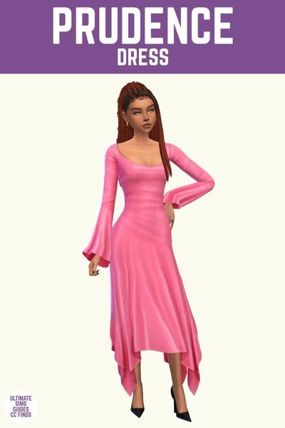 This image has a purple bar at the top with white text that says "Prudence Dress" and below is a sim with dreadlocks wearing a long sleeve pink dress 