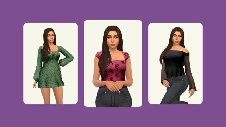 This image has a purple background with three rounded-edge rectangles. Inside of those rectangles are images of a sim with brown hair posing in different dark jewel toned clothes