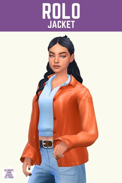 This image has a purple bar at the top with white text that says "Rolo Jacket" and below is a sim with black hair wearing a blue polo shirt and an orange jacket 