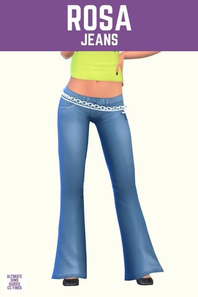 This image has a purple bar at the top with white text that says "Rosa Jeans" and below is a sim wearing low waist jeans with a metal chain 
