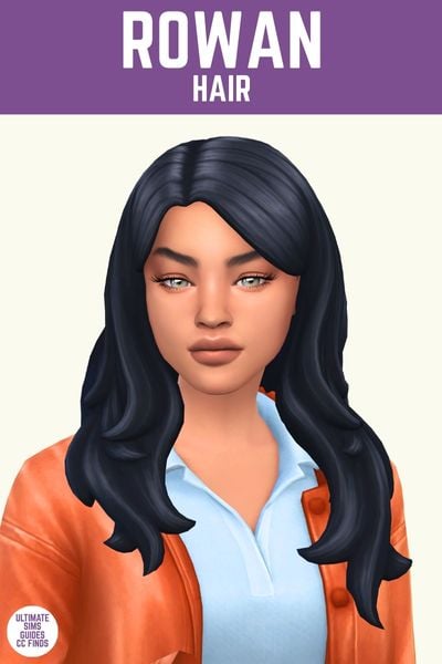This image has a purple bar at the top with white text that says "Rowan Hair" and a sim is wearing an orange jacket, blue polo shirt and they have side part black hair 