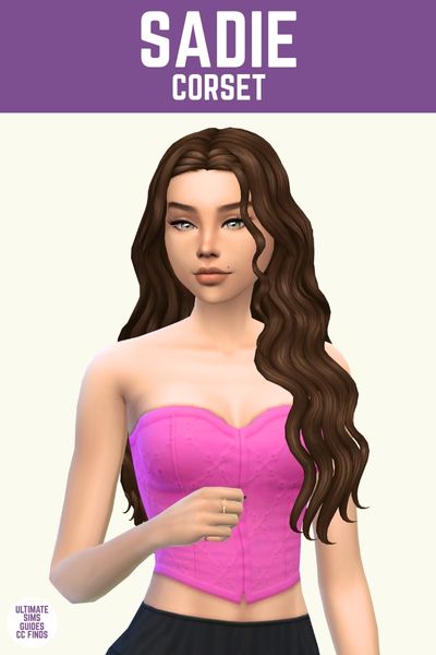 This image has a purple bar at the top with white text that says "Sadie Corset" and below is a sim with brown hair wearing a hot pink corset top with a sweetheart necklace 