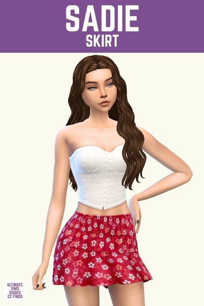 This image has a purple bar at the top with white text that says "Sadie Skirt" and below is a sim with brown hair wearing a white corset top and a red skirt with flowers 