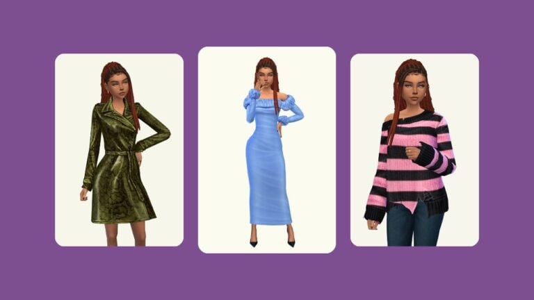 This image has a purple background with three rounded-edge rectangles. Inside of those rectangles is a sim with brown roots and a red ombre dread lock in a pony tail and each box has the sim wearing different clothes.