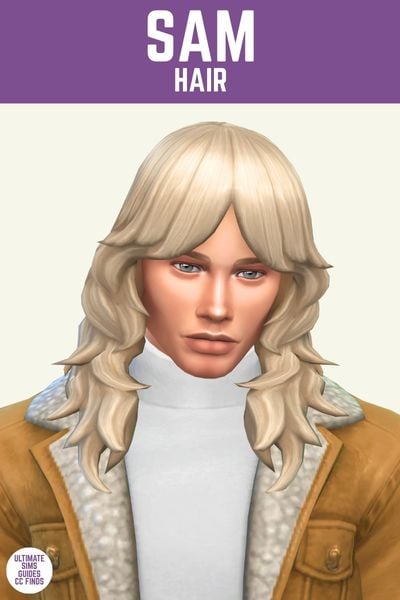This image has a purple bar at the top with white text that says "Sam Hair" and below is a sim with blonde long hair and a jacket. 