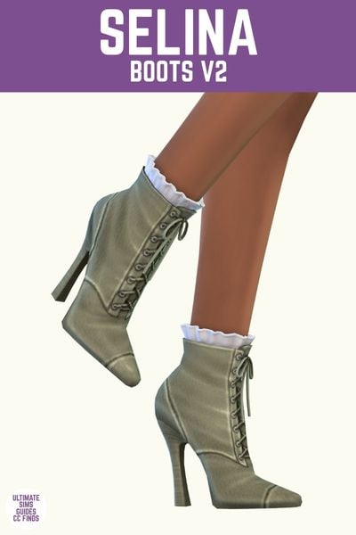 This image has a purple bar at the top with white text that says "Selina Boots V2" and below is a sim wearing green heeled boots with a frilly sock 