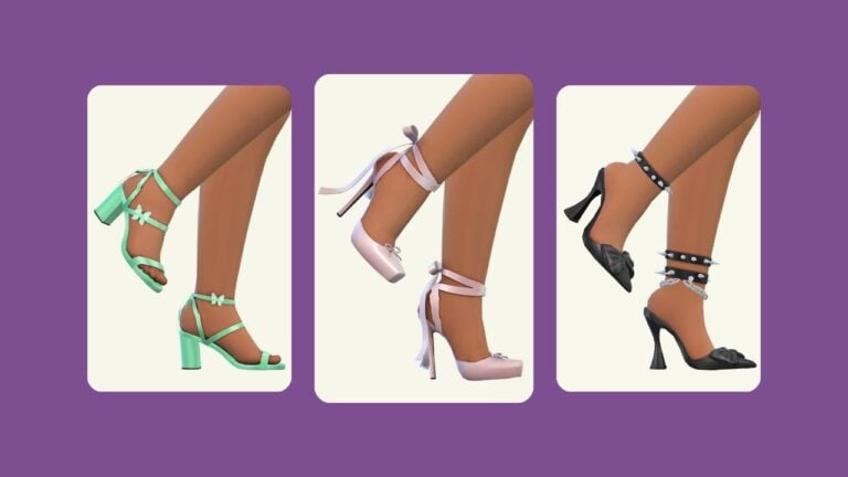 This image has a purple background with three rounded-edge rectangles. Inside of those rectangles are images of legs with different shoes by madlen on them.