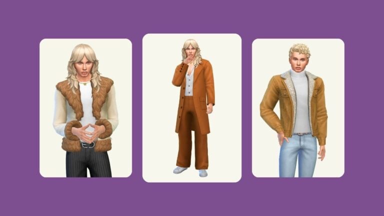 This image has a purple background with three rounded edge rectangles. Inside of those rectangles is a man posed. He has blonde hair and is wearing 70s inspired outerwear