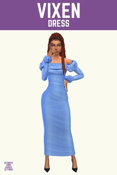 This image has a purple bar at the top with white text that says "Vixen Dress" and below is a sim with dreadlocks wearing an off the shoulder long sleeve dress in blue with fur around the wrists and neckline 