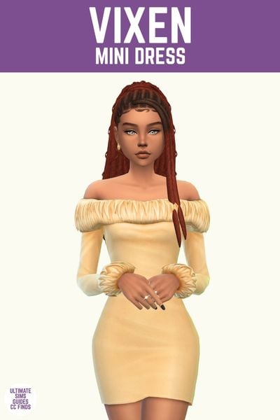 This image has a purple bar at the top with white text that says "Vixen Mini Dress" and below is a sim with brown to red dreadlocks wearing a butter yellow off the shoulder dress 