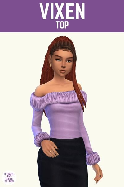This image has a purple bar at the top with white text that says "Vixen Top" and below is a sim wearing a long sleeve off the shoulder purple top with fur around the edges 