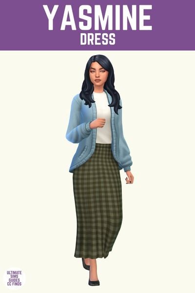 This image has a purple bar at the top with white text that says "Yasmine Dress" and below is a sim with a green gingham skirt, white shirt and blue cardigan. 