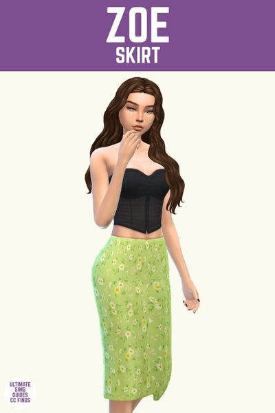 This image has a purple bar at the top with white text that says "Zoe Skirt" and below is a sim with brown hair wearing a black corset and a green skirt with florals 