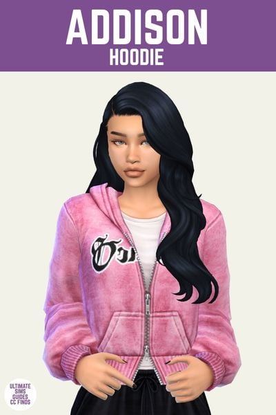 This is a product image for a piece of sims 4 cc. At the top is a purple bar with "Addison Hoodie" written inside. Underneath is a sim with black hair wearing a pink zip up hoodie 