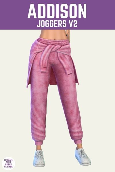 This is a product image for a piece of sims 4 cc. At the top is a purple bar with "Addison joggers V2" written in white. Under that is a sim from the waist down. They are wearing white running shoes and pink heathered sweat pants with a pink heathered sweat shirt tied around their waist. 
