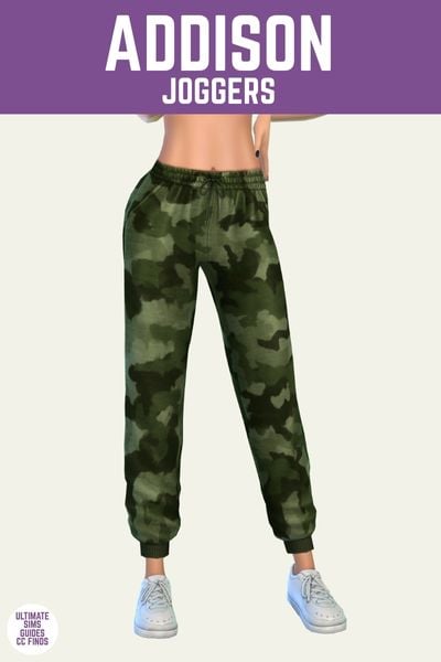 This is a product image for a piece of sims 4 cc. At the top is a purple bar with "Addison joggers" written in white text. Underneath is a sim from the waist down who is wearing white running shoes and green camouflage sweat pants 