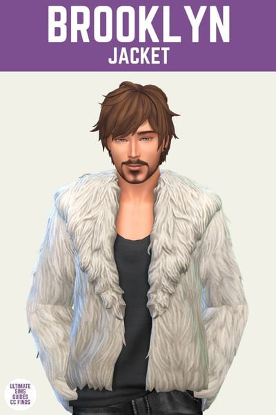 This is a product image for the Axa 2025 cc collection for The Sims 4. This image has a purple bar at the top the text "Brooklyn Jacket" and below is a sim with their hands in their pocket. They are wearing a black scoop neck shirt with a fluffy white jacket.