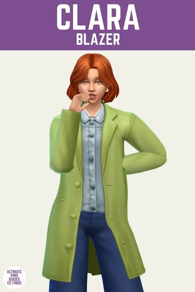 This is a product image for custom content from the countryside closet set for The Sims 4. This image has a purple bar at the top with white text that says "Clara Blazer" and below is a sim posed in a green jacket 