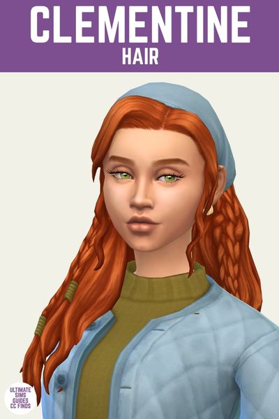 This is a product image for custom content from the countryside closet set for The Sims 4. This image has a purple bar at the top with white text that says "Clementine Hair" Below is a sim with red hair with braids in it and a blue bandana and a blue jacket 