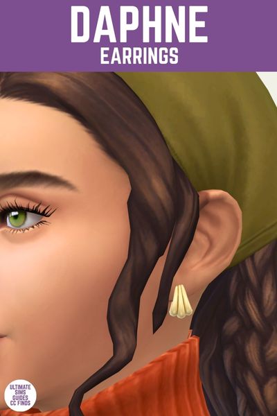 This is a product image for custom content from the countryside closet set for The Sims 4. This image has a purple bar at the top with white text that says "Daphne Earrings" and below is a close up of a sim's ear with a gold earring 
