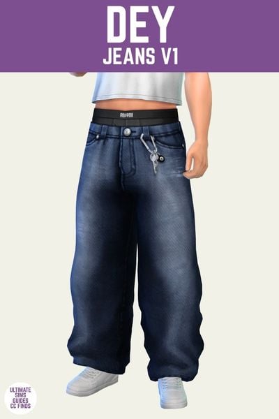 This is a product image for the Axa 2025 cc collection for The Sims 4. This image has a purple bar at the top the text "Dey Jeans V1" and below is a sim from the waist down and they are wearing baggy jeans that show their boxers and have their keys on their waist 