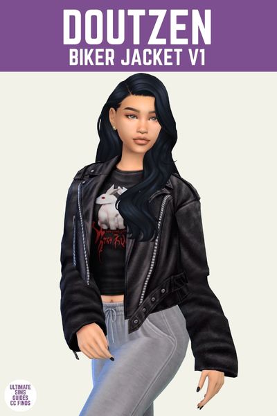 This is a product image for a piece of sims 4 cc. At the top is a purple bar with "Doutzen Biker Jacket V1" written in white text. Underneath is a sim posed with black hair wearing a leather jacket and graphic t-shirt with an evil looking bunny on it 