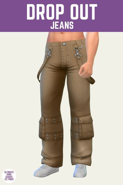 This is a product image for a cc pair of jeans for male sims. At the top is a purple bar with the text "Drop Out Jeans" and underneath a sim is posed in light brown jeans with fun pocket details 