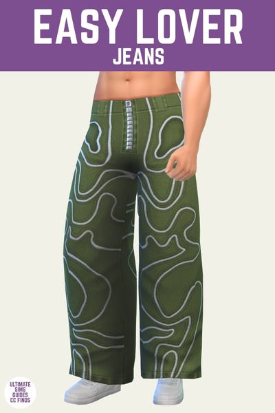 This is a product image for the "easy lover jeans" for the sims 4. The image has a purple bar at the top with the name of the item. Underneath is a sim from the waist down with them posed. The pants are green with squiggles all over 