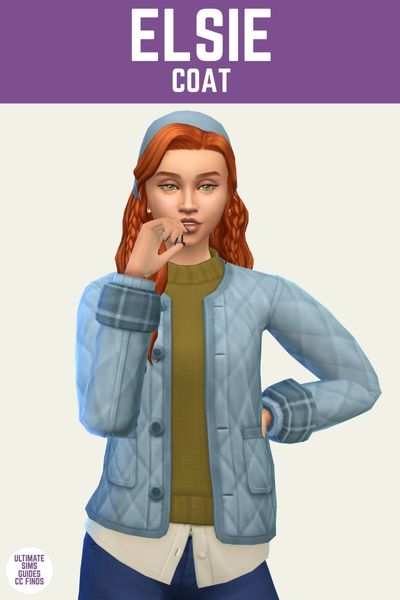 This is a product image for custom content from the countryside closet set for The Sims 4. This image has a purple bar at the top with white text that says "Elsie Coat" and below is a sim posing. They are wearing a blue jacket with a blue bandana in their hair 