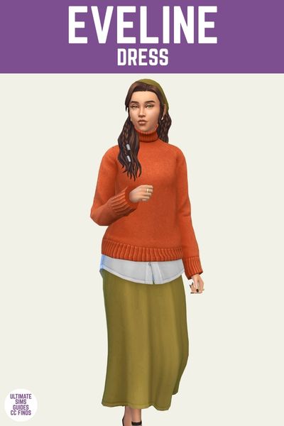 This is a product image for custom content from the countryside closet set for The Sims 4. This image has a purple bar at the top with white text that says "Eveline Dress" Below is a sim posed wearing a long skirt, a button down shirt under an orange sweater and they have brown hair with a bandana 