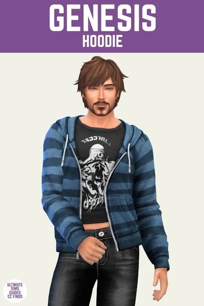 This is a product image for the Axa 2025 cc collection for The Sims 4. This image has a purple bar at the top the text "Genesis Hoodie" and below is a male sim posed. The sim is wearing black jeans and a black t-shirt with a blue zip up hoodie 