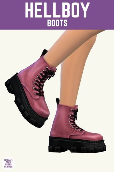 This is a product image for the Axa 2025 cc collection for The Sims 4. This image has a purple bar at the top the text "hellboy boots" and below are legs posed with pink combat boots 