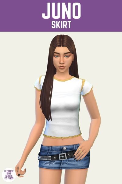 This is a product image for the Axa 2025 cc collection for The Sims 4. This image has a purple bar at the top the text "Juno Skirt" below is a sim with long brown hair wearing a white t-shirt and a micro-mini skirt with a studded belt 