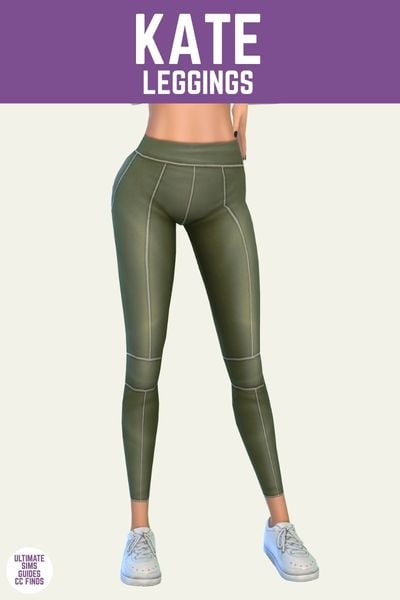 This is a product image for a piece of sims 4 cc. At the top is a purple bar with "Kate leggings" written in white. Under that is a sim's body from the waist down wearing green exercise pants and white running shoes 